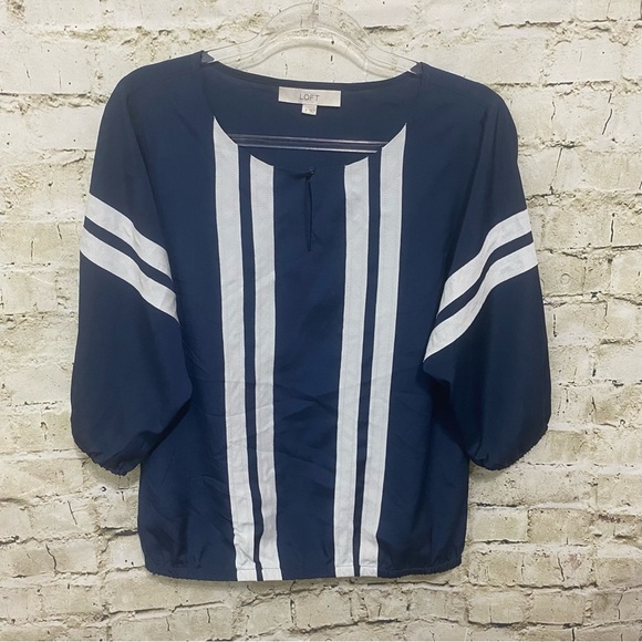 LOFT Blue White Striped Keyhole Neck 3/4 Sleeve Blouse - Picture 1 of 6